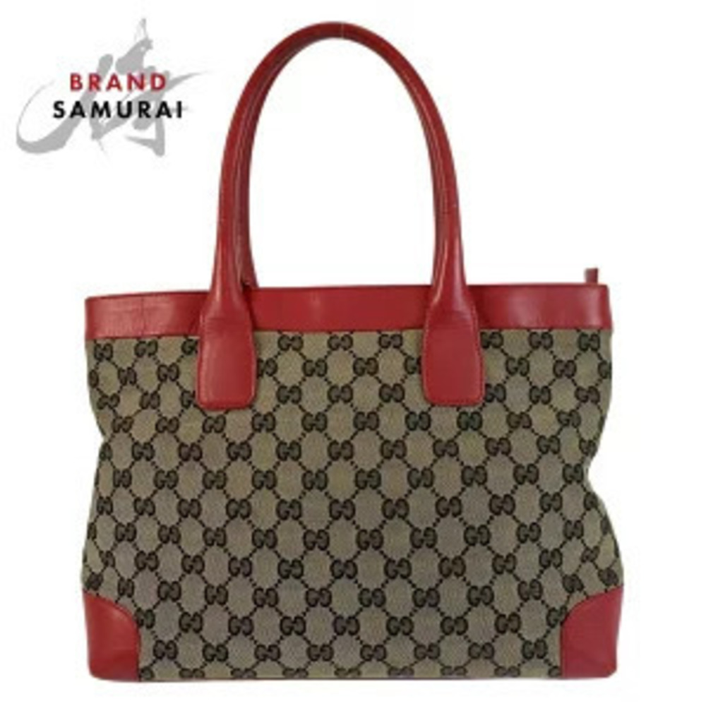 Gucci Red Beige GG Canvas Leather Tote Bag Handbag